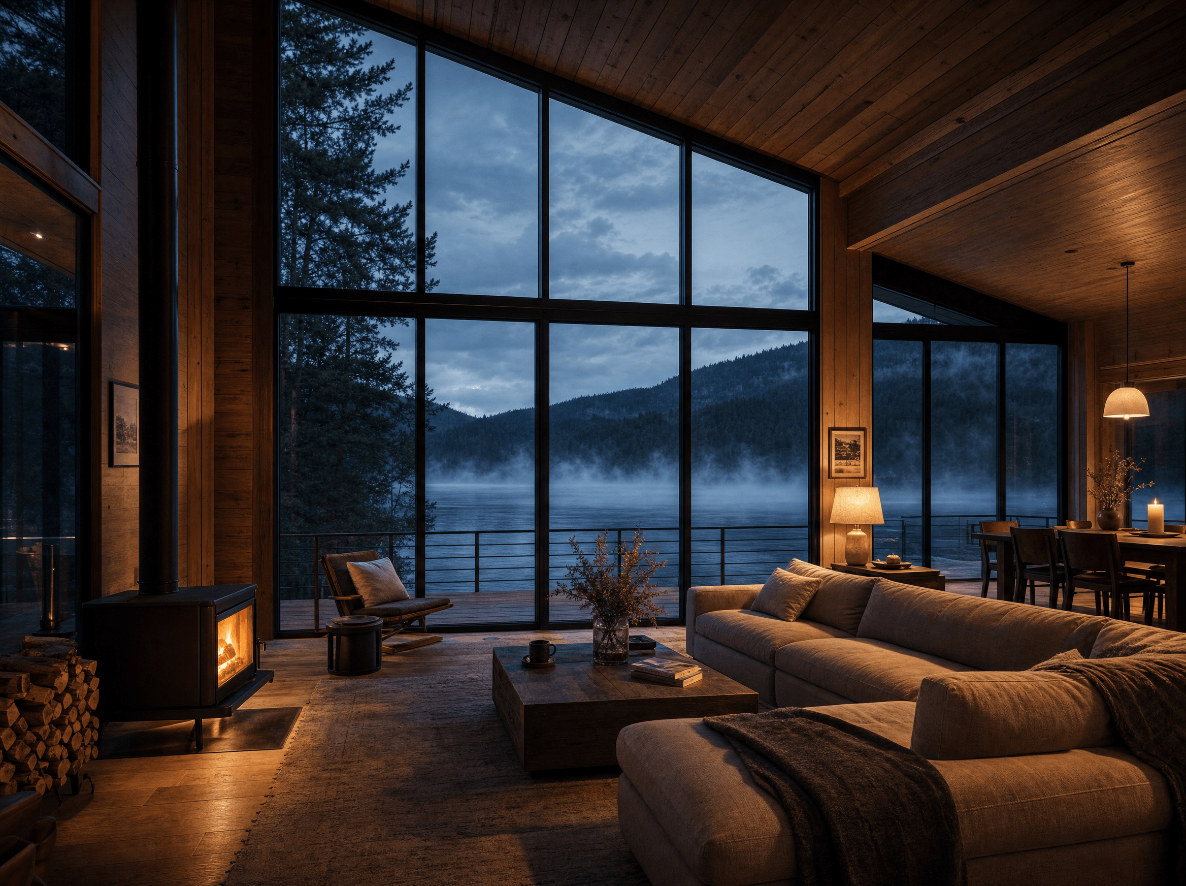 Living room with double-height glazing, a lit wood stove, deep linen sofa and the misted lake beyond.