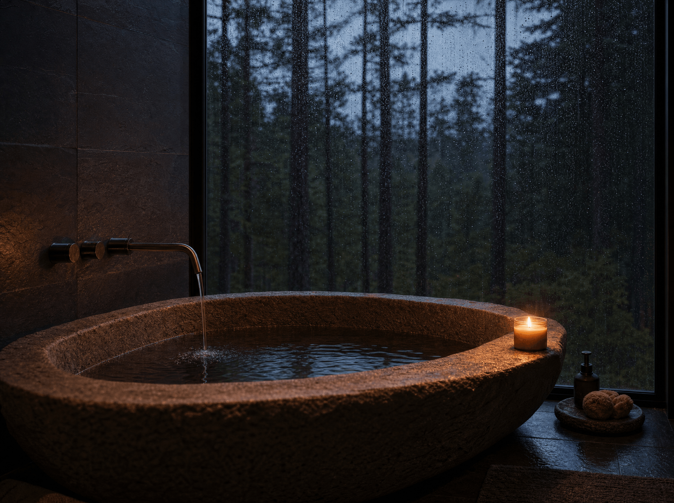 Bathroom with a carved stone soaking tub, a single candle and rain running down the forest window.