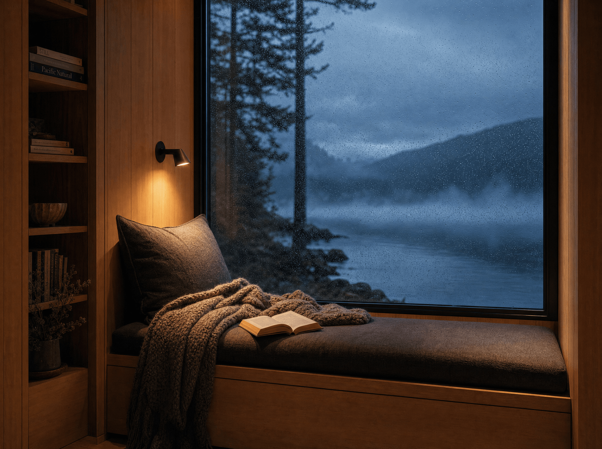 Built-in window seat with wool blankets, a reading lamp, bookshelves and an open book facing the rainy lake.