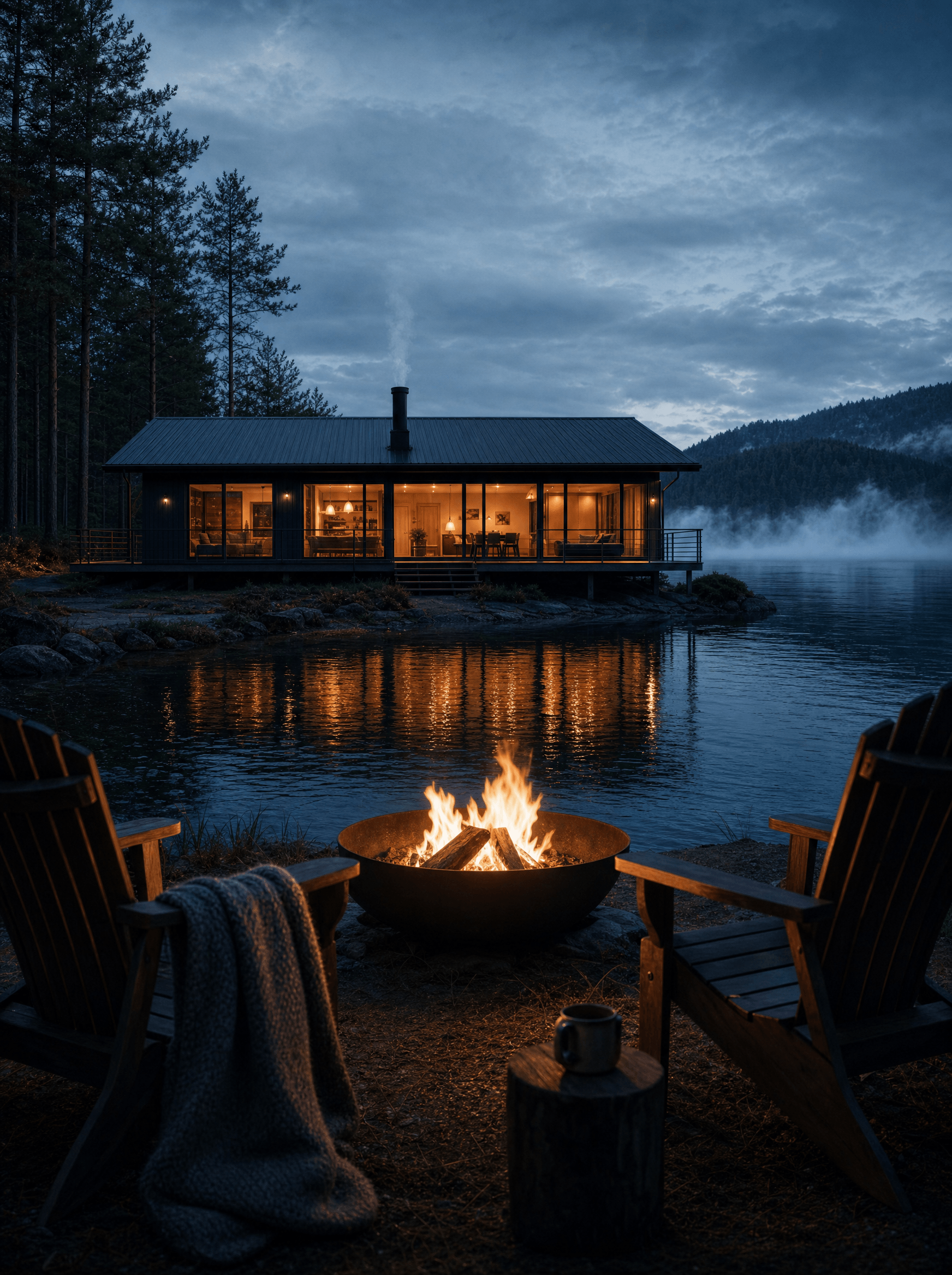 Firepit burning between two Adirondack chairs on the shore, the lit cabin reflected across the water.