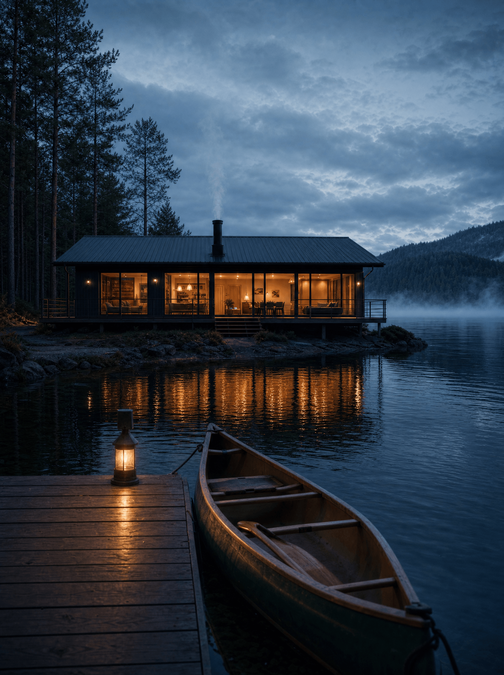 Wooden dock at blue hour with a lit lantern and a moored canoe, cabin windows glowing across the bay.